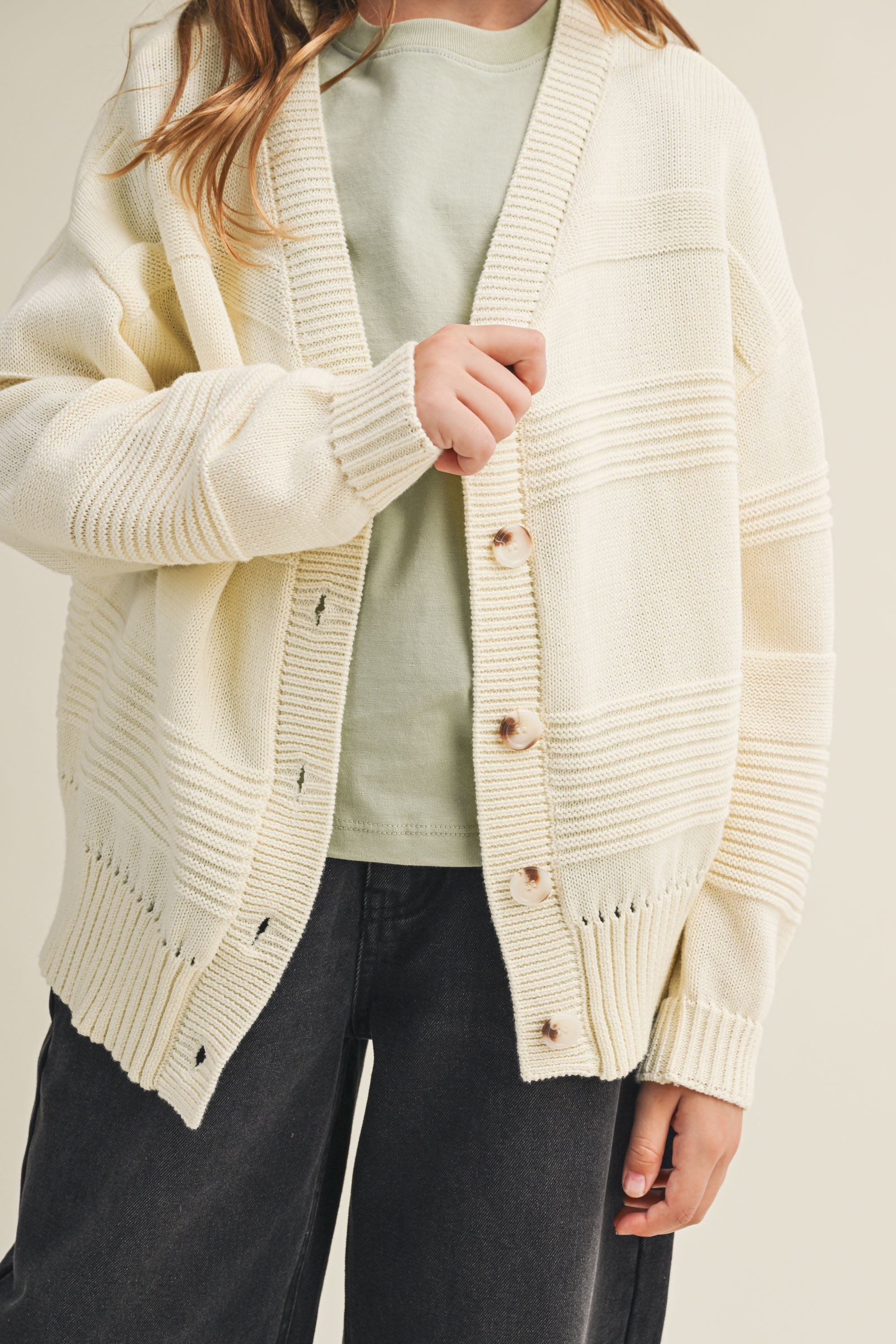 Girls' 100% Cotton Textured Knit Cardigan - Ivory – Pistachio
